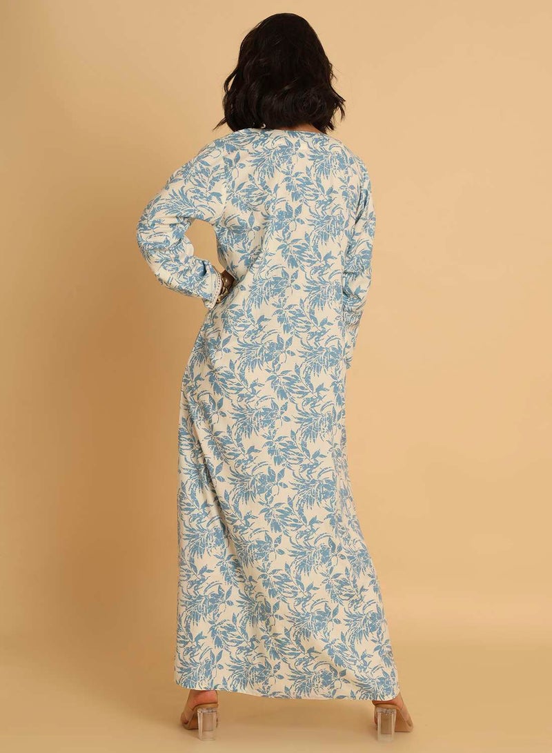 HANA & SARA Blue Floral Print Arabic Jalabiya with Embroidered Neckline - Image 2