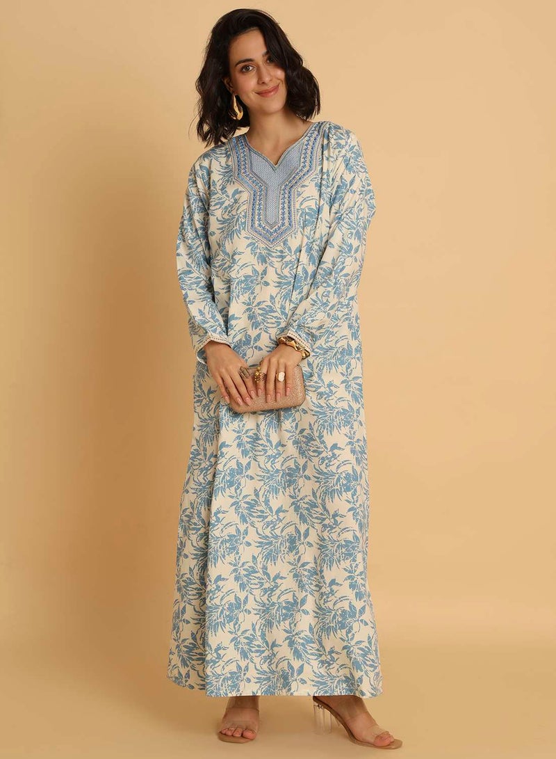 HANA & SARA Blue Floral Print Arabic Jalabiya with Embroidered Neckline - Image 1