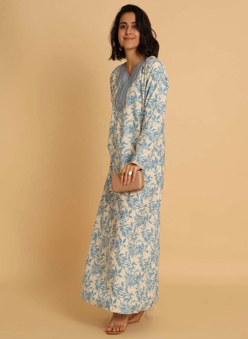 HANA & SARA Blue Floral Print Arabic Jalabiya with Embroidered Neckline - Image 4