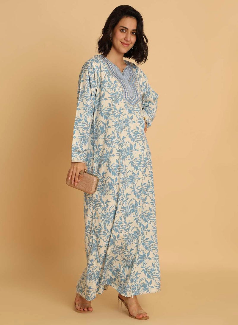 HANA & SARA Blue Floral Print Arabic Jalabiya with Embroidered Neckline - Image 5