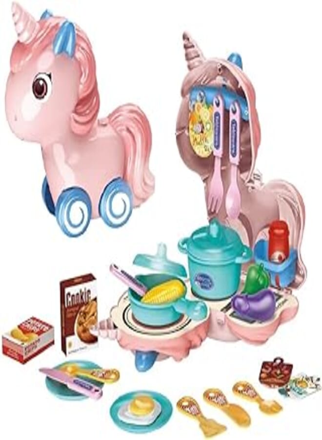 WISHKEY Plastic 3 in 1 Unicorn Kitchen Set Toy for Kids, 28 Piece Kitchen Tools Set, Multipurpose Box with Customizable Stickers, Unicorn Toy, Sling Bag and Kitchen Set, Multicolor, 3 Years + (Pack of
