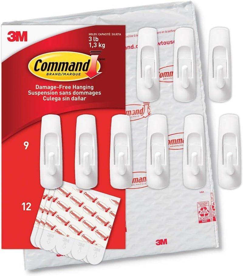 Command Medium Utility Hooks, 9 Wall Hooks and 12 Strips, Damage-Free Hanging with Adhesive, No Tools Great for Hanging Christmas Decorations, Holds up to 3 lb - Image 1