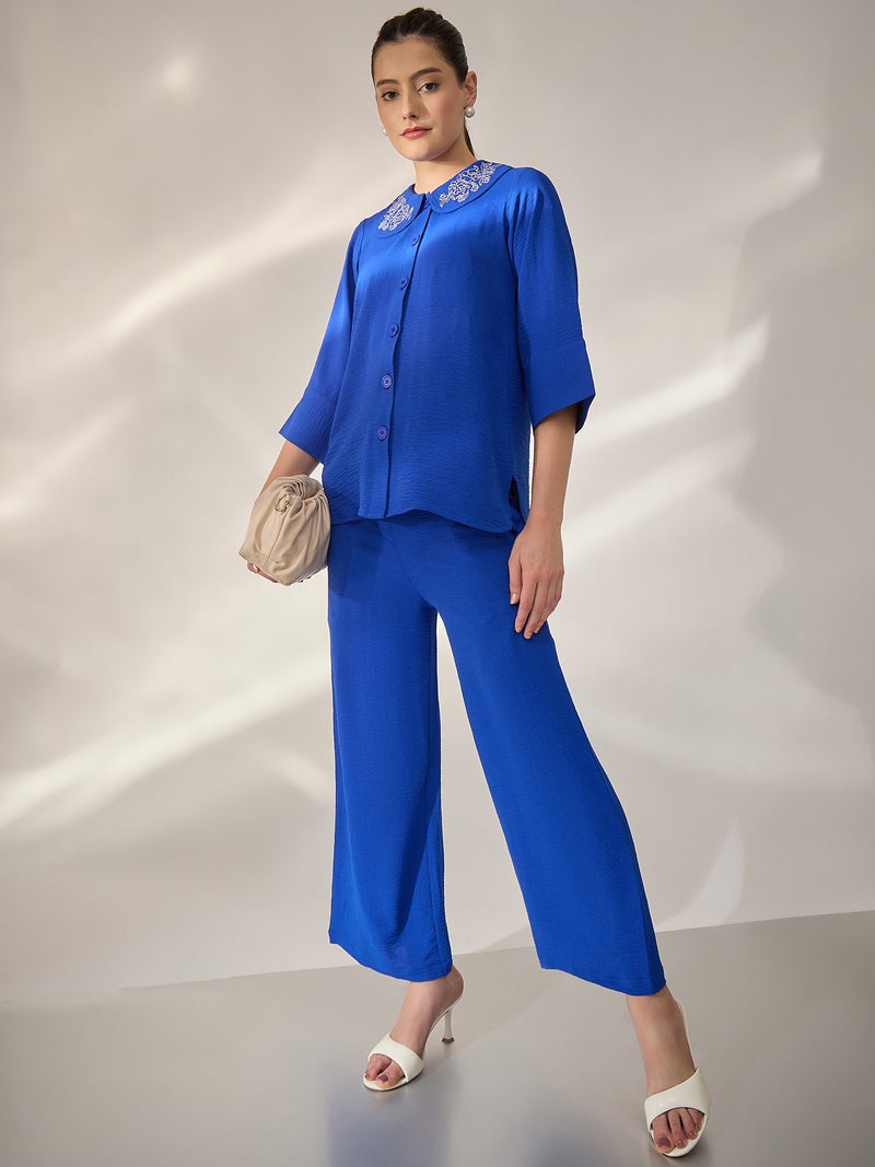 بانيت طقم متناسق (Co-ord Set) قميص مطرَّز بياقة بيتر بان مع بنطلون - أزرق - Image 4
