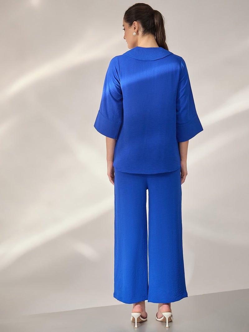 بانيت طقم متناسق (Co-ord Set) قميص مطرَّز بياقة بيتر بان مع بنطلون - أزرق - Image 1