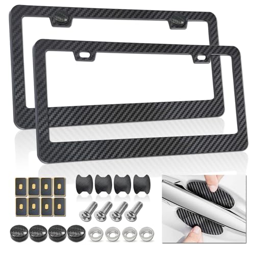 FBJTDQ Carbon Fiber License Plate Frames Black Plastic Car Tag Holder 2 Pack 2 Hole Front Rear Bracket with Screw Caps and Car Door Handle Stickers - Image 1