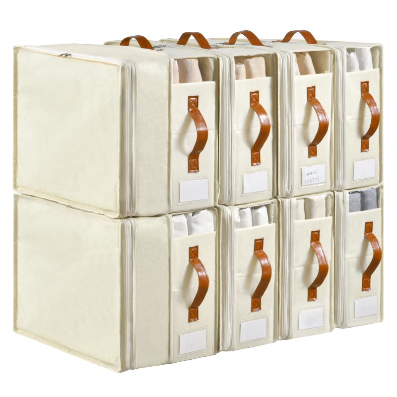 Freebat Bed Sheet Organizers and Storage, 8 Pack Linen Closet Organizers with Adjustable Zipper, Foldable Bedding Storage for Queen or King Size Bedsheets, Duvet Covers and Pillows - Image 1