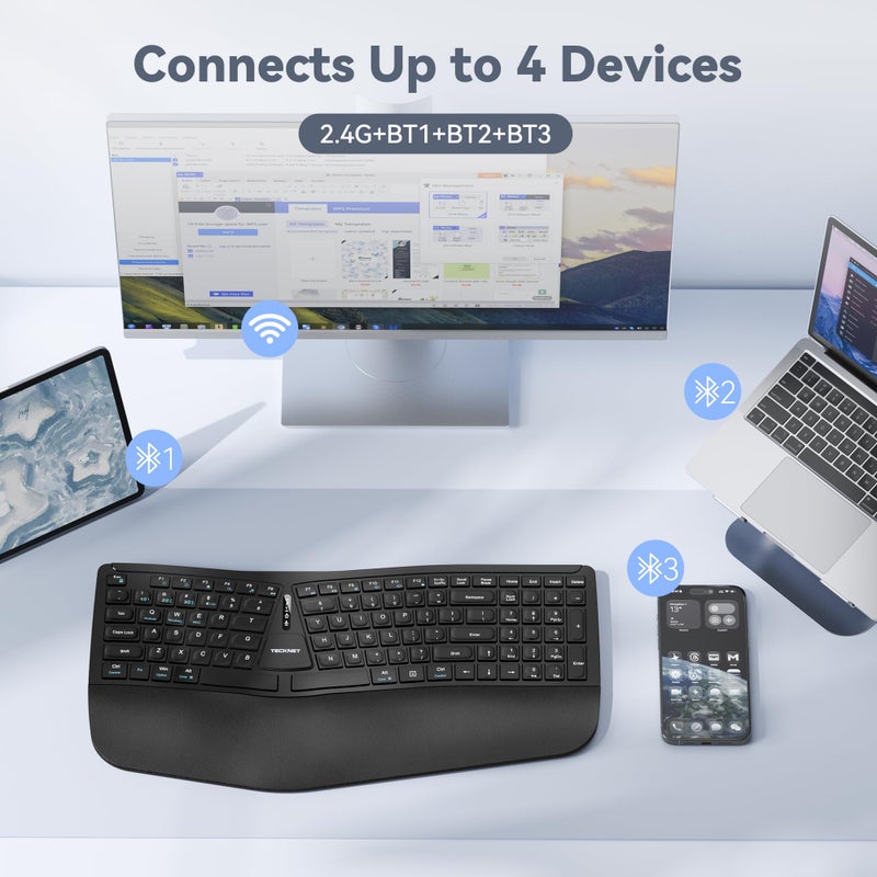 TECKNET Wireless Ergonomic Keyboard Rechargeable, 2.4G+Bluetooth Ergo Cordless USB Computer Keyboard, Wrist Rest, Natural Typing, Stain-Resistant Fabric, Compatible For Windows Computer Desktop Laptop - Image 5