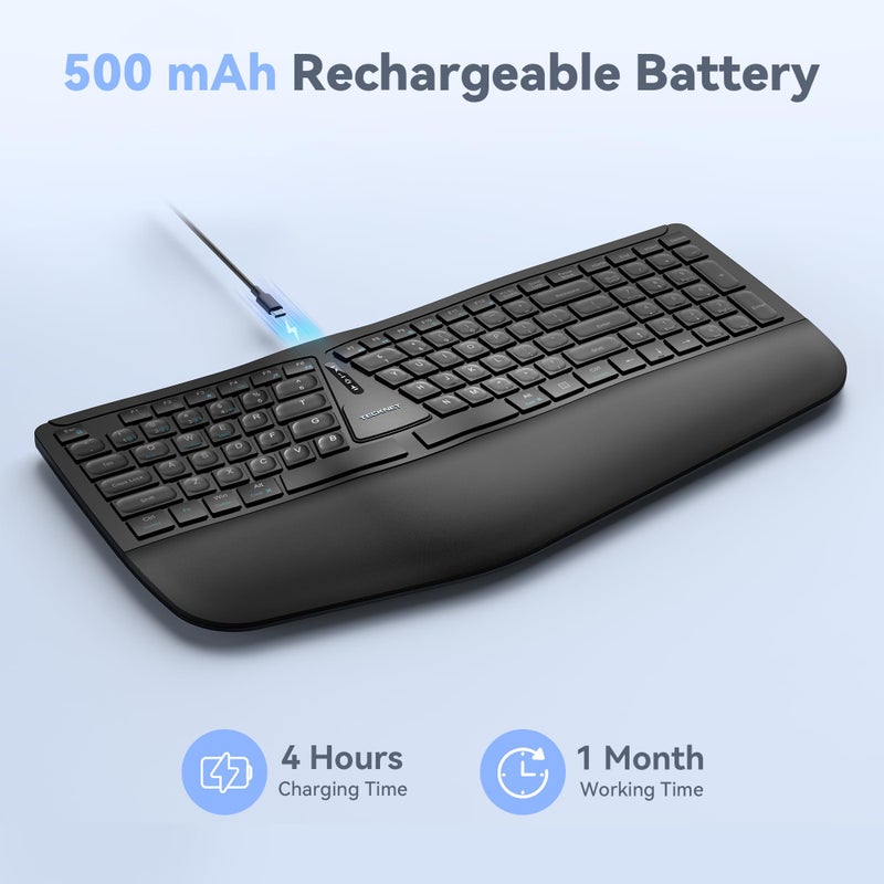 TECKNET Wireless Ergonomic Keyboard Rechargeable, 2.4G+Bluetooth Ergo Cordless USB Computer Keyboard, Wrist Rest, Natural Typing, Stain-Resistant Fabric, Compatible For Windows Computer Desktop Laptop - Image 4