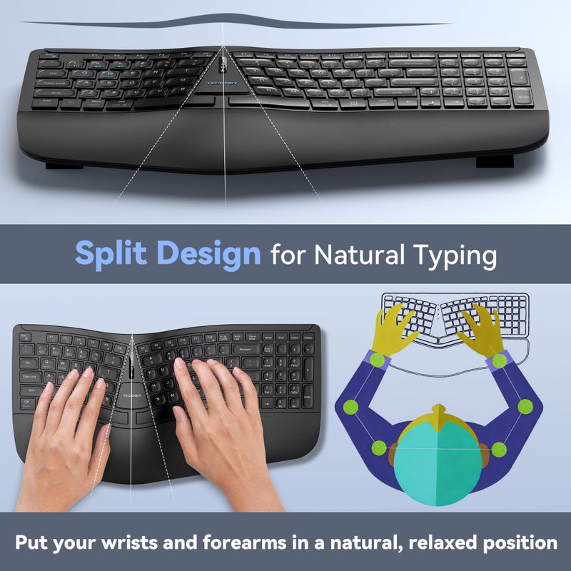 TECKNET Wireless Ergonomic Keyboard Rechargeable, 2.4G+Bluetooth Ergo Cordless USB Computer Keyboard, Wrist Rest, Natural Typing, Stain-Resistant Fabric, Compatible For Windows Computer Desktop Laptop - Image 2