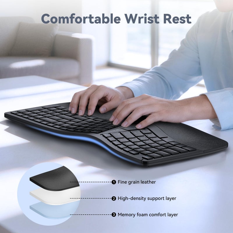 TECKNET Wireless Ergonomic Keyboard Rechargeable, 2.4G+Bluetooth Ergo Cordless USB Computer Keyboard, Wrist Rest, Natural Typing, Stain-Resistant Fabric, Compatible For Windows Computer Desktop Laptop - Image 3