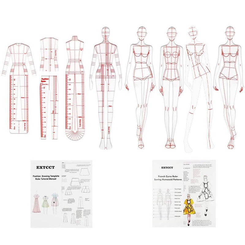 EXTCCT Fashion Drawing Template Ruler Set, Woman Sewing Humanoid Patterns Design, Clothing Measuring French Curve Rulers A4 Pattern Paper Draft Drawings - Image 1
