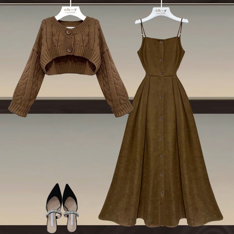 Z Plus Size Womens Clothing 2024 Spring New Style Waist Slimming Look Age-Reducing Knitwear Top Suspender Skirt Two-Piece Set Brown top single piece