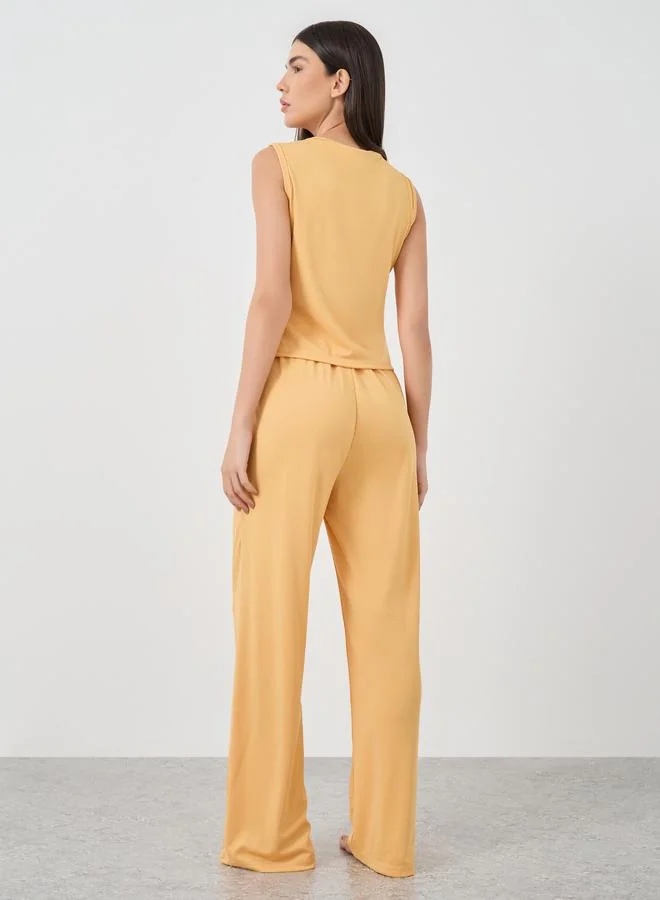Take Two Take Two Solid Sleeveless Rib Buttoned Top and Pyjama Set