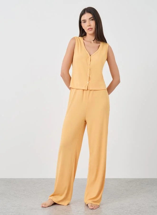 تايك تو Take Two Solid Sleeveless Rib Buttoned Top and Pyjama Set