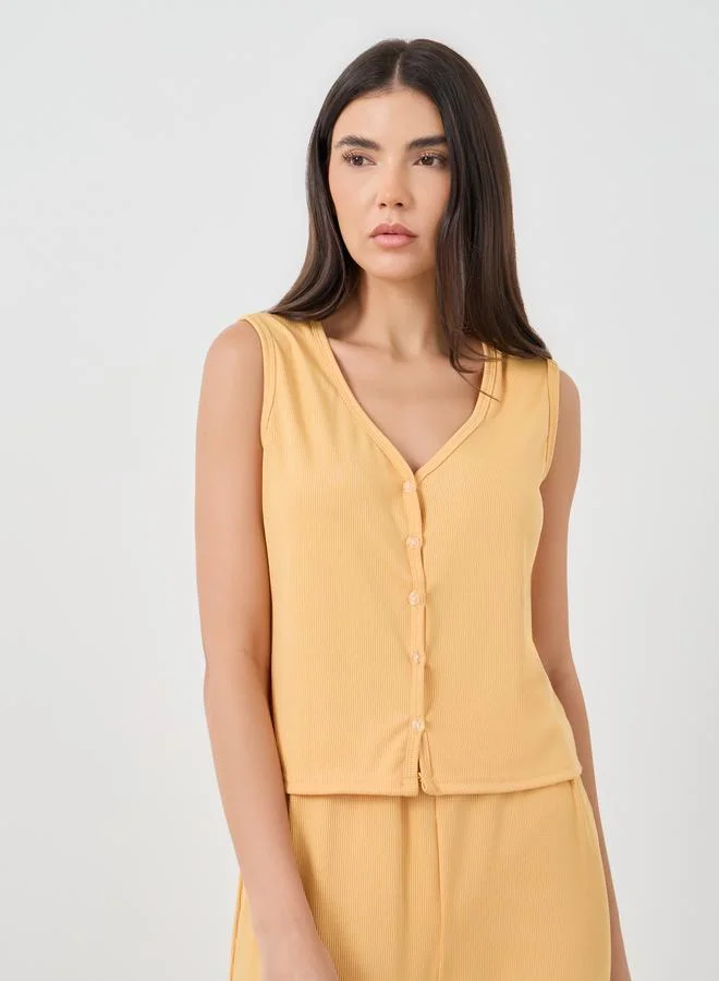 تايك تو Take Two Solid Sleeveless Rib Buttoned Top and Pyjama Set