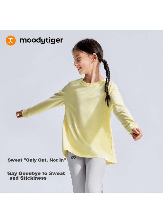 Moodytiger Girls' Long Sleeve T-shirt Sweat-absorbent High Elasticity Spring Autumn Children's Top Crew Neck Breathable Simple Solid Color Sportswear - Image 1