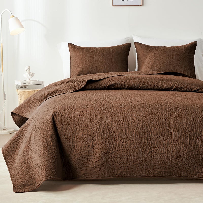 akkialla Full/Queen Quilt Bedding Set,Brown Ultrasonic Quilt Set,Lightweight Soft Bedspread Coverlet,Modern Style Coin Pattern Bed Cover for All Seasons,3 Piece(1 Quilt,1 Pillow Shams) - Image 1