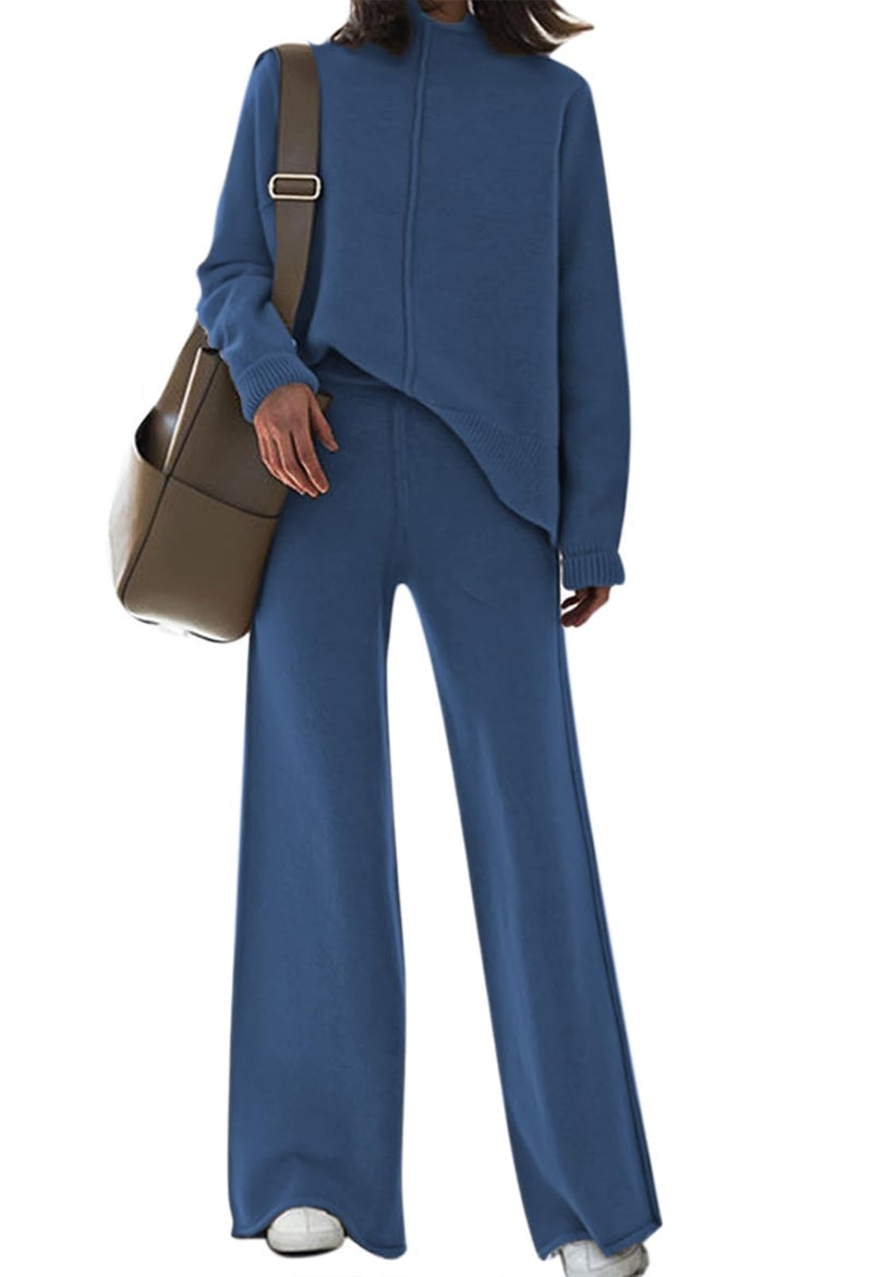 Fixmatti Womens 2 Piece Sweatsuit Ribbed Knitted Turtleneck Sweater Matching Long Pant Sweatsuit Set Navy Blue S