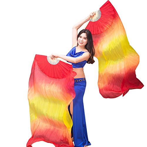 Nimiman 1 Pair(left+right) Chinese Real Silk Belly Dance Fan Veils 1.8m Fire Colors - Image 1