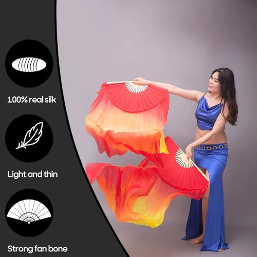 Nimiman 1 Pair(left+right) Chinese Real Silk Belly Dance Fan Veils 1.8m Fire Colors - Image 4