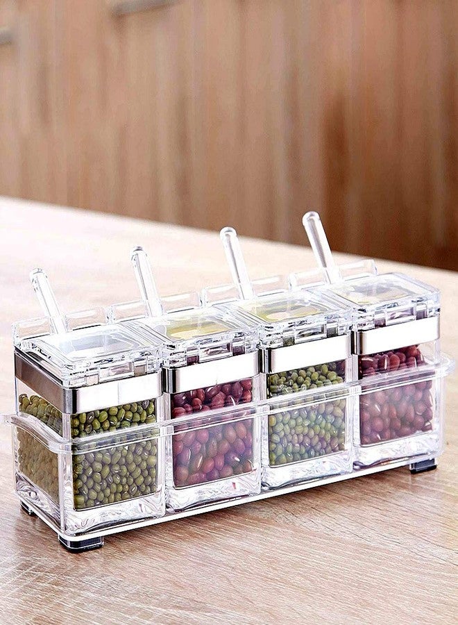 لويويو علبة توابل LOYUYU بحافة من الفولاذ المقاوم للصدأ 304، رف توابل، أوعية توابل، حاويات تخزين، برطمانات توابل، طقم 4 قطع من الأكريليك الشفاف مع غطاء وملعقة - Image 2