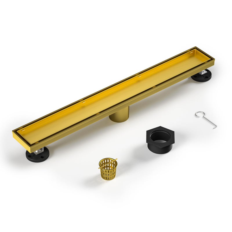 Bernkot Linear Shower Drain 18 Brushed Gold Floor Drain with Tiled Insert Grate  Hair Strainer 304 Stainless Steel Bathroom 2in1 Tiled in Drain CUPC Certified Brushed Gold 18