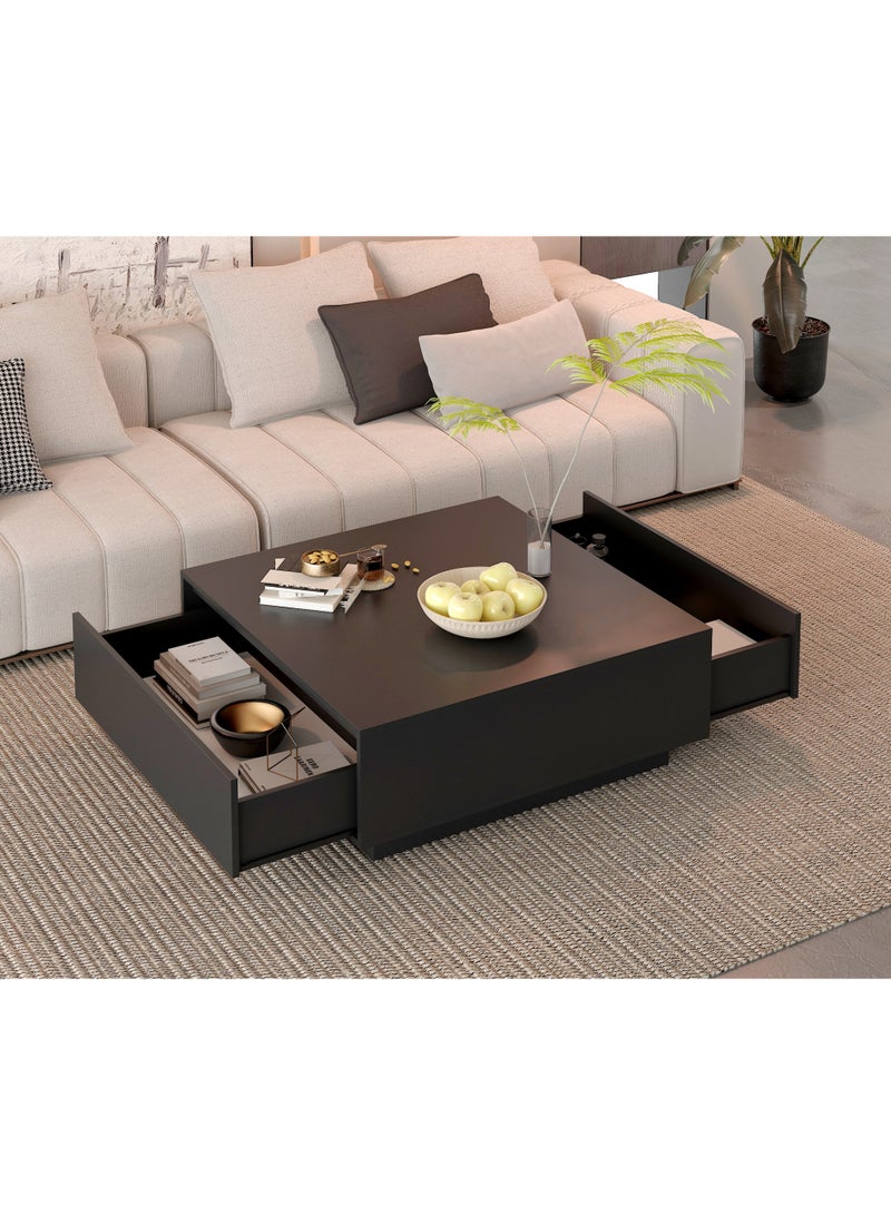 CityRiya-Long Modern Black Square Coffee Table with 2 Deep Drawers, Large Storage Tea Table, Freestanding Storage Accent Tea Table for Living Room（CJ028） - Image 3