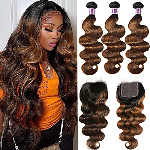 UNICE Brown Highlight Body Wave Human Hair 3 Bundles with 4x4 lace closure Brazilian Remy Hair Ombre Human Hair Wavy Weaves FB30 Color 16 18 2014 Closure - Image 3