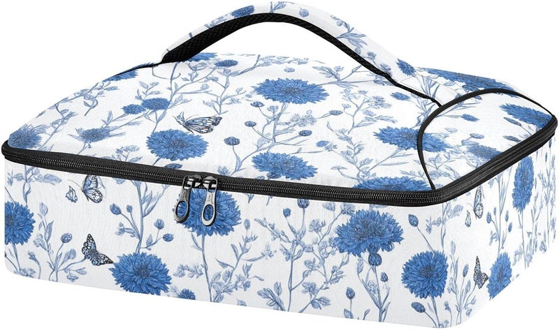 ElliTarr Casserole Carrier Insulated Casserole Dish Carrier Thermal Food Warmer Bag Lasagna Holder Lugger Tote Potluck Containers for Travel Picnic Party Blue Vintage Cornflowers and Butterflies - Image 1