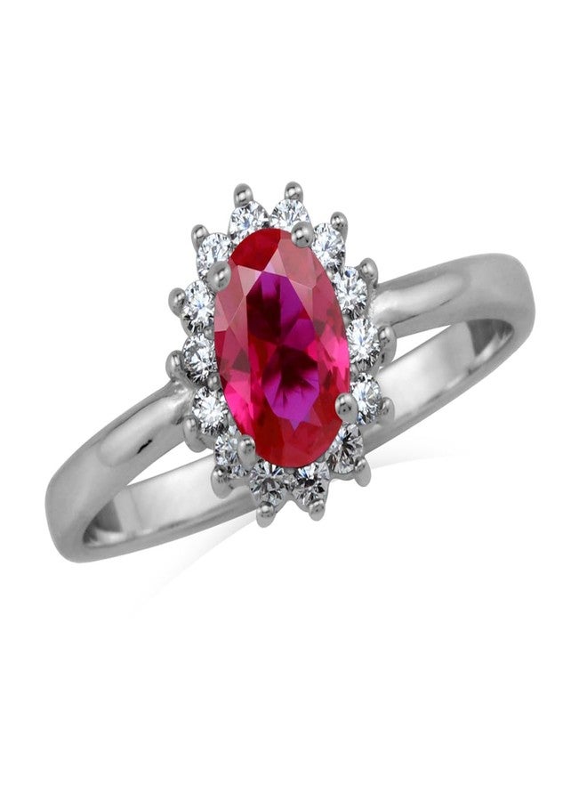 Silvershake Petite 7X5mm Simulated Oval Shape Red Ruby White Gold Plated 925 Sterling Silver Flower Cluster Engagement and Promise Ring July Gemstone Birthstone Size 6 - Image 1
