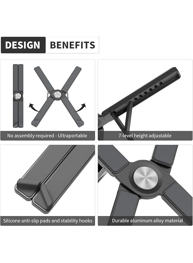 erorex Adjustable Laptop Stand Aluminum Laptop Cooler With 7 Height Settings Portable Laptop Stand With Carry Pouch Supports Up To 44Lbs 20Kg Ideal For Laptop And Ipad Black  - Image 3