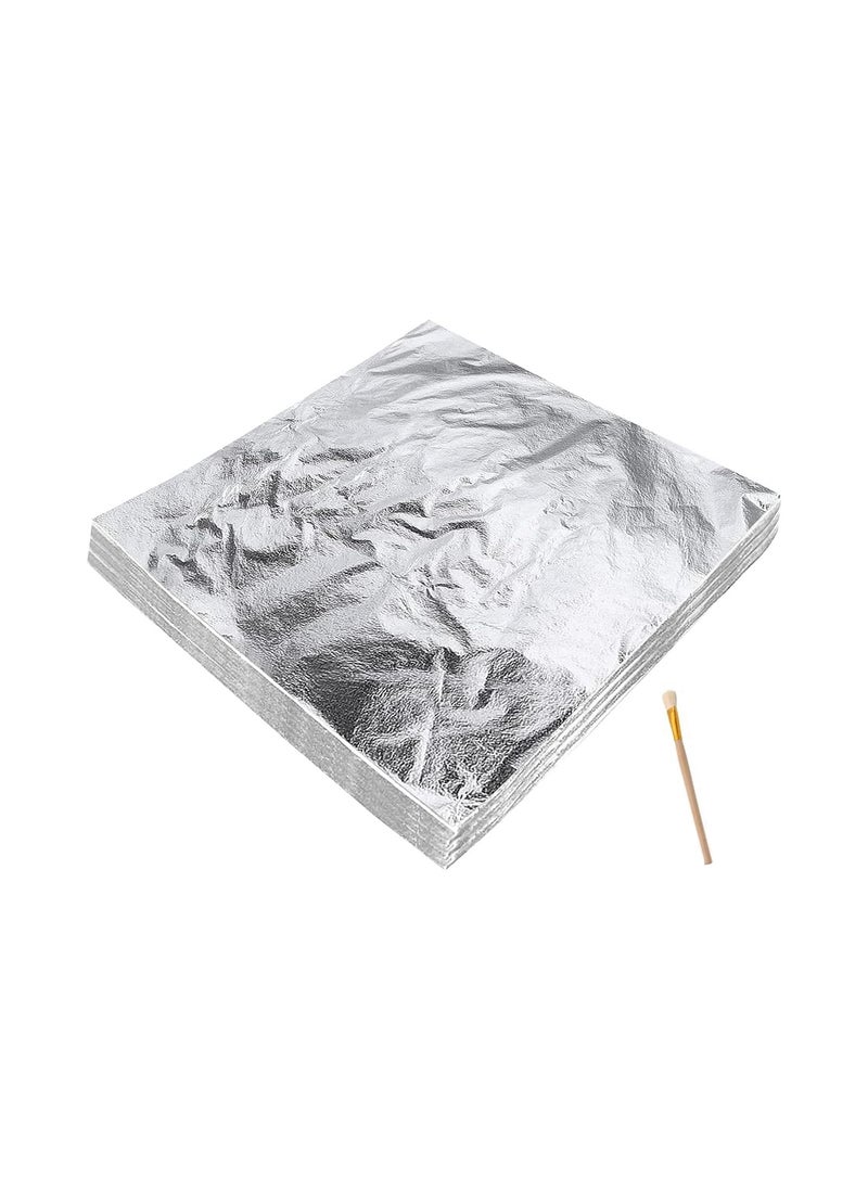 RATSAW 100 Imitation Silver Leaf Sheets With Brush Rose Gold Leaf Foil Paper For Art Gilding Crafting Paintings Home Furniture Decoration Nail DIY Arts Projects 14 x 14 CM Silver  - Image 1