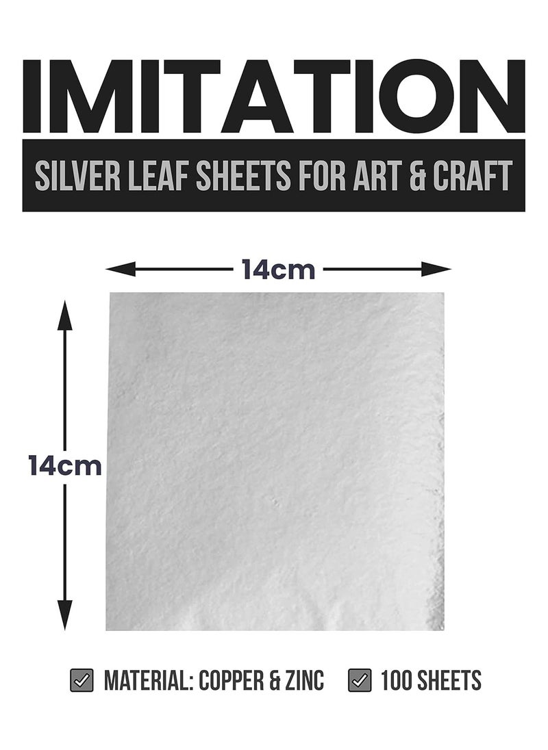 RATSAW 100 Imitation Silver Leaf Sheets With Brush Rose Gold Leaf Foil Paper For Art Gilding Crafting Paintings Home Furniture Decoration Nail DIY Arts Projects 14 x 14 CM Silver  - Image 2
