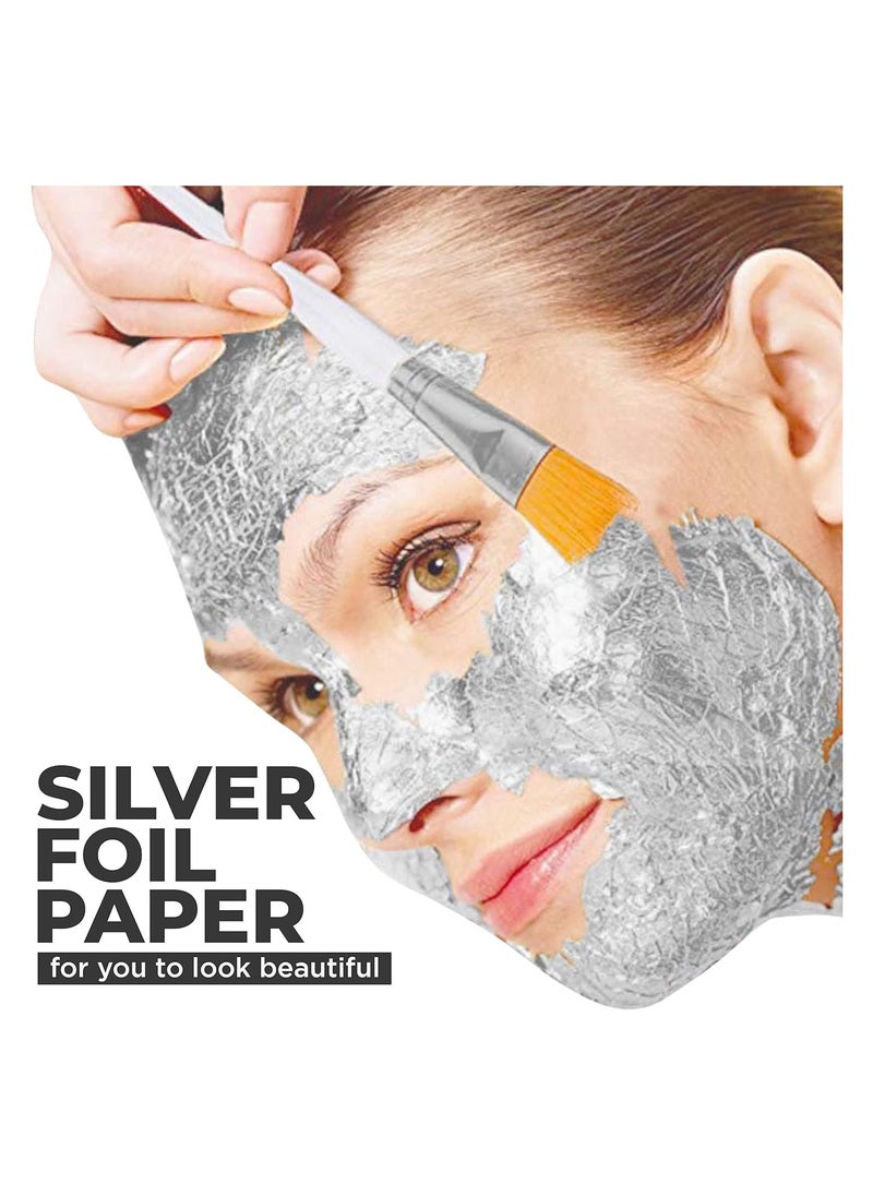 RATSAW 100 Imitation Silver Leaf Sheets With Brush Rose Gold Leaf Foil Paper For Art Gilding Crafting Paintings Home Furniture Decoration Nail DIY Arts Projects 14 x 14 CM Silver  - Image 3