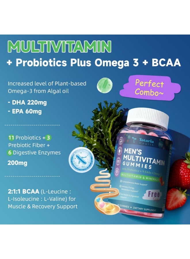 Totaria 5-in-1 Men's Multivitamin Gummies , Energy, Heart, Brain, Immunity & Muscle Support , Methylated B12, Folate, CoQ10, Omega-3 DHA, Probiotics , Sugar-Free , 60 Count - Image 2
