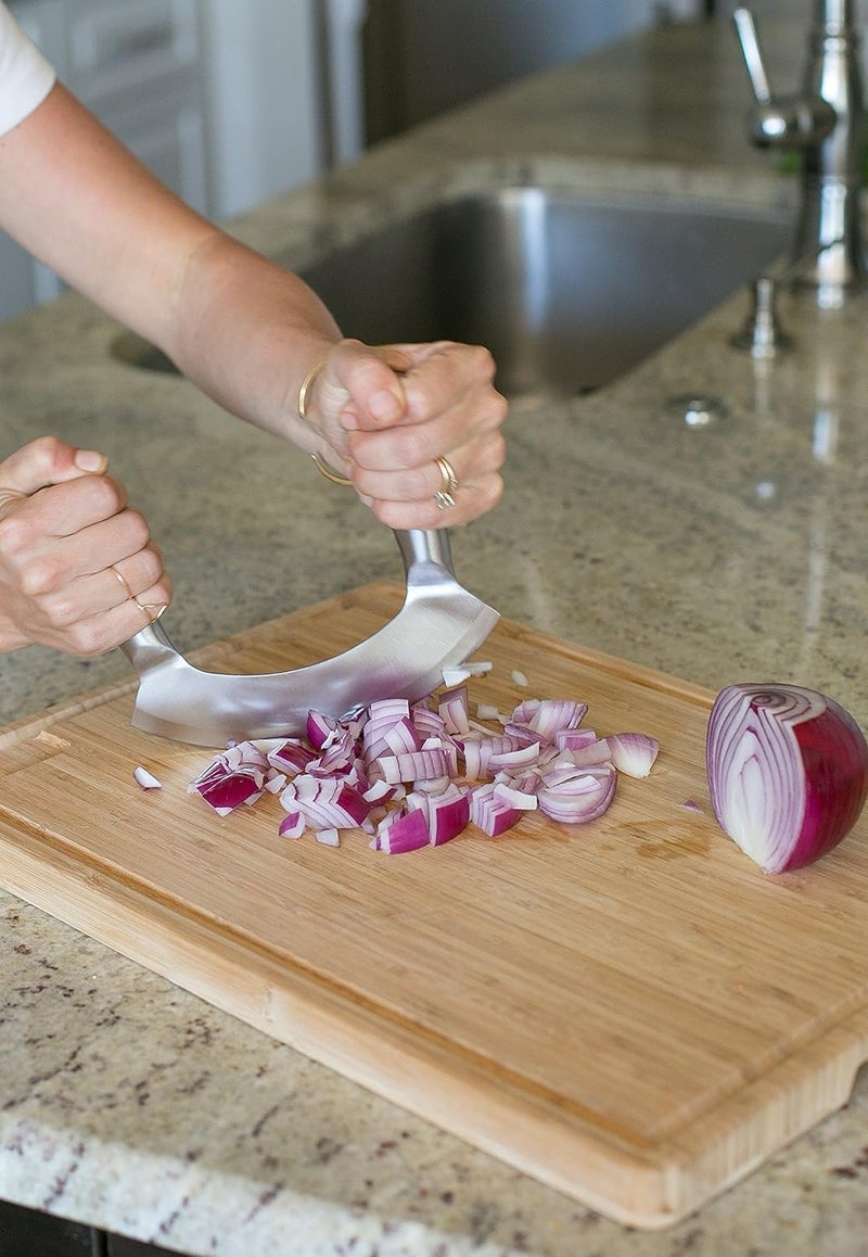 Shrux Stainless Steel Double Handle Pizza Cutter KnifeProfessional Chef Pizza SlicerSharpe Curved Edge Design Kitchen CuttingMincing KnifeMultiPurpose Kitchen use Big KnifePizza Piller Cutter - Image 4