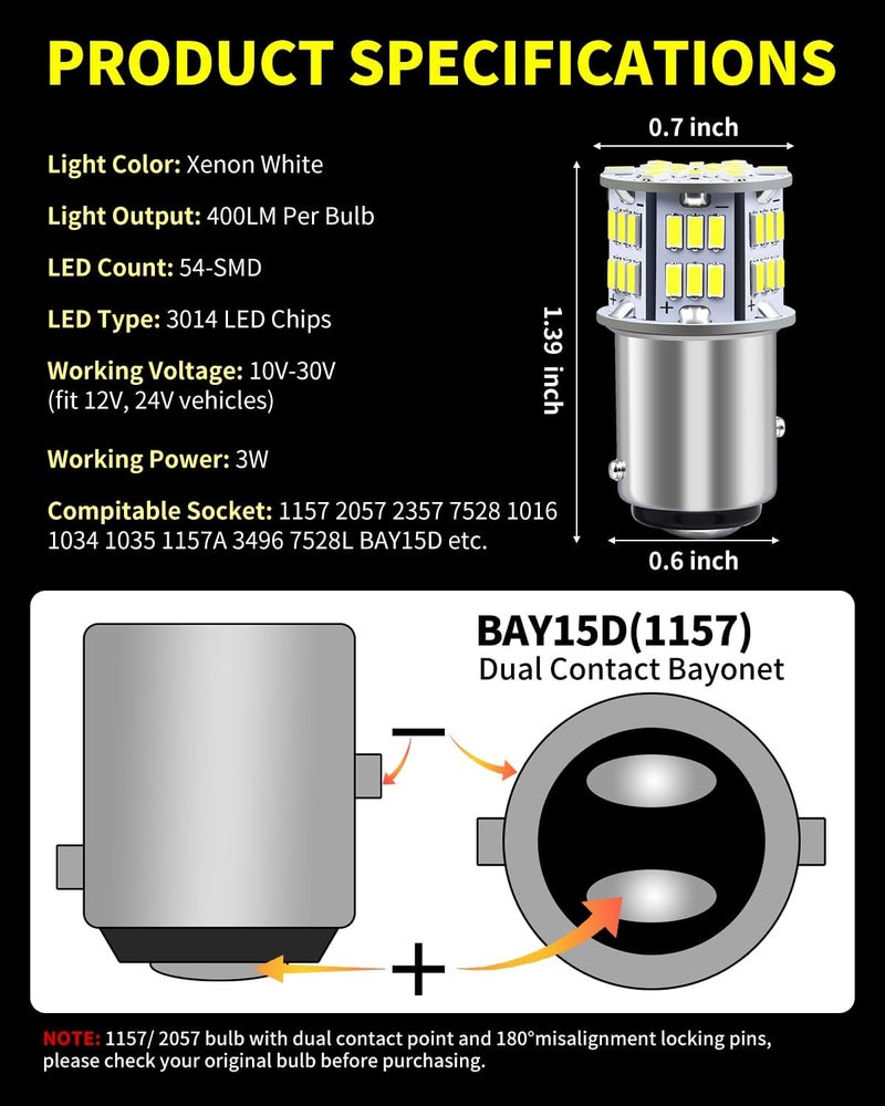 AUXLIGHT 1157 LED Bulbs 54-SMD 300% Super Bright 2057 2357 7528 1016 1034 LED Light Replacement for Car Truck Backup Reverse Brake Tail Turn Signal Lights, Xenon White(Pack of 6) - Image 2