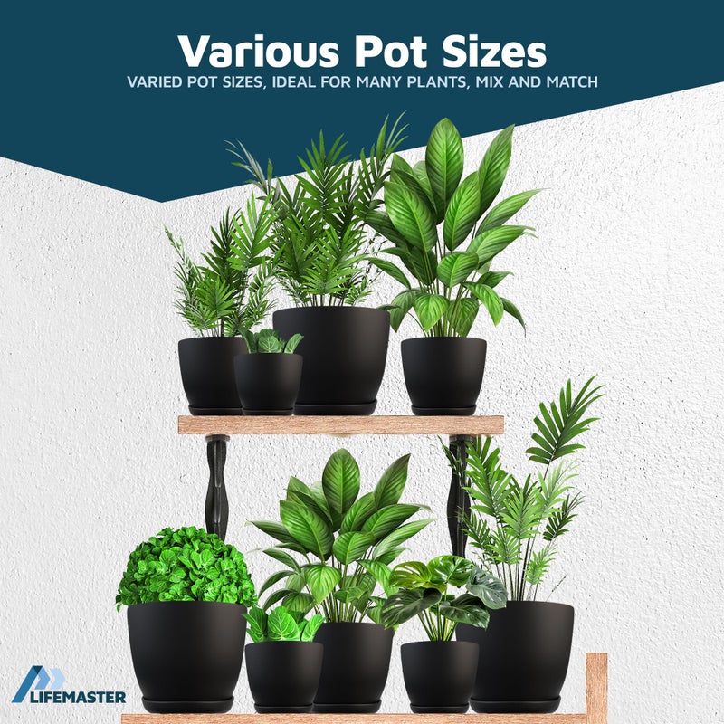 LifeMaster Black Plant Pots with Drainage Holes & Saucers 15 Pack, Indoor & Outdoor Stackable Space-Saving Planters for Houseplants & Flowers, (7", 6.7", 6", 5.3", and 4.8" Inches), Durable & Weatherproof - Image 4