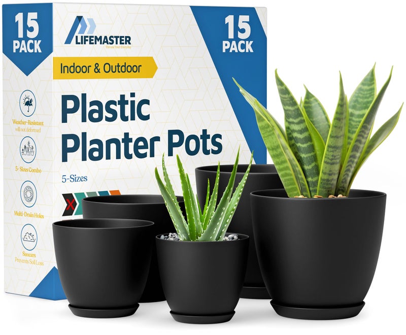 LifeMaster Black Plant Pots with Drainage Holes & Saucers 15 Pack, Indoor & Outdoor Stackable Space-Saving Planters for Houseplants & Flowers, (7", 6.7", 6", 5.3", and 4.8" Inches), Durable & Weatherproof - Image 1