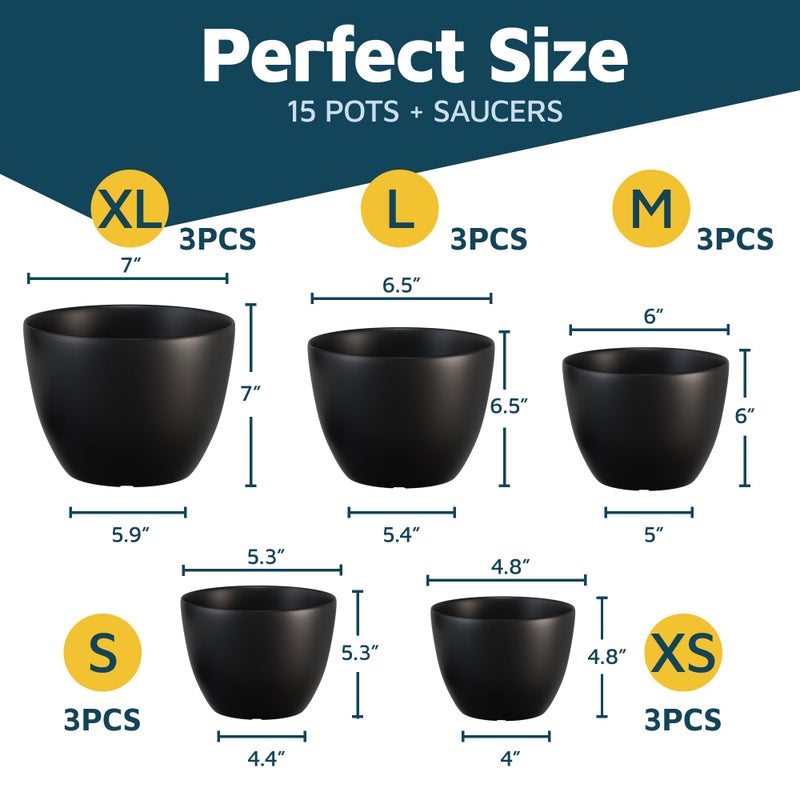 LifeMaster Black Plant Pots with Drainage Holes & Saucers 15 Pack, Indoor & Outdoor Stackable Space-Saving Planters for Houseplants & Flowers, (7", 6.7", 6", 5.3", and 4.8" Inches), Durable & Weatherproof - Image 2