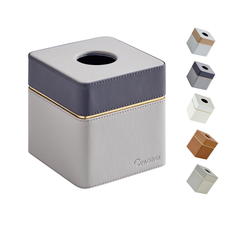 Cloudever Tissue Box Holder Cover Square Modern PU Leather Decorative Tissue Cube Holder Organizer  Moon Grey