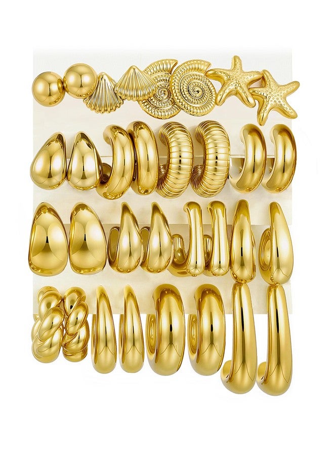 Shall Shell 16 Pairs Chunky Gold Hoop Earrings Set for Women, Lightweight Ocean Theme Gold Hoop Earrings, Hypoallergenic Multipack Stack for Women Trendy Jewelry Gift - Image 1