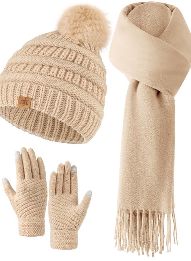 Loiyadn Winter Hat Gloves Scarf Set for Women, Fleece Lined Beanies, Long Scarf for Women and Touchscreen Winter Gloves Set, Beige, 75.5"×11.8" - Image 1