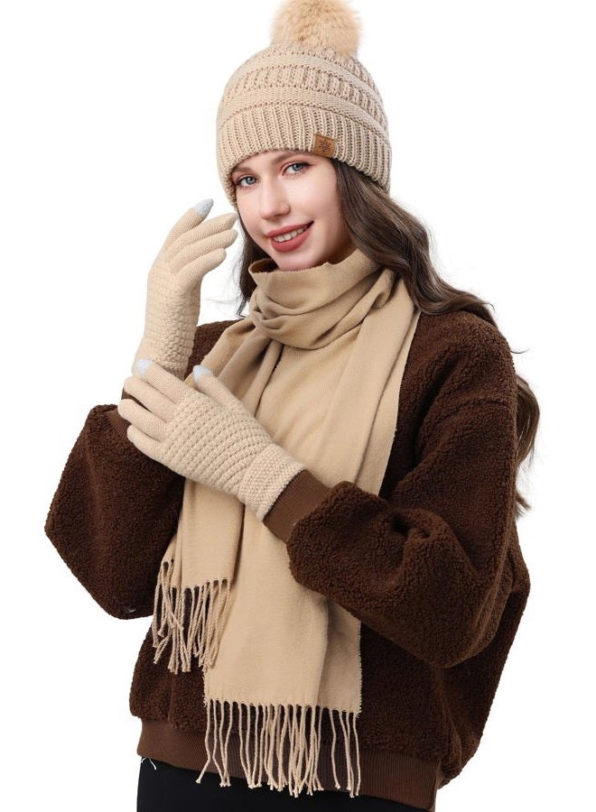 Loiyadn Winter Hat Gloves Scarf Set for Women, Fleece Lined Beanies, Long Scarf for Women and Touchscreen Winter Gloves Set, Beige, 75.5"×11.8" - Image 5