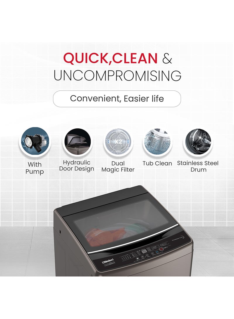 Nobel 10kg Top Load Washing Machine With Electronic Control, LED Display, 6 Programs, 45-Min Normal Wash, 78L Tub, Copper Motor, Stainless Steel Drum, Dual Water Inlet 10 kg NWM1150 Grey - Image 3