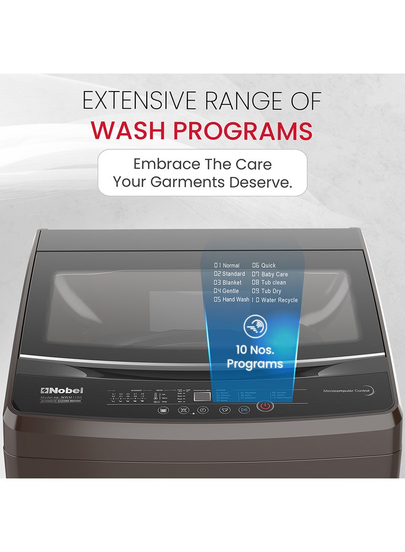 Nobel 10kg Top Load Washing Machine With Electronic Control, LED Display, 6 Programs, 45-Min Normal Wash, 78L Tub, Copper Motor, Stainless Steel Drum, Dual Water Inlet 10 kg NWM1150 Grey - Image 2