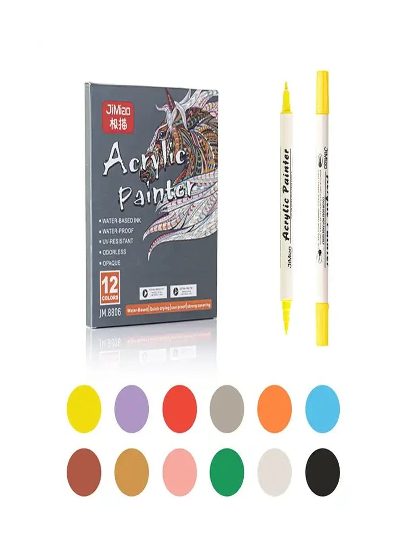 JiMiao Acrylic Pens Set 12 Colors Double Tip Acrylic Paint Brush Pens Soft/Extra Fine Art Painting Signs For Christmas Rock Painting,Wood,Metal,Plastic - Image 1