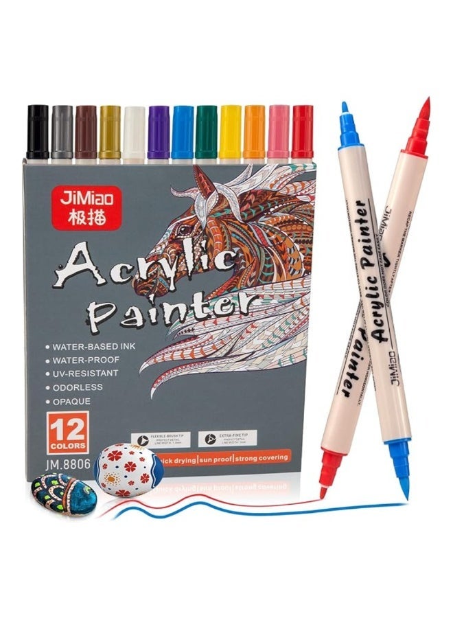 JiMiao Acrylic Pens Set 12 Colors Double Tip Acrylic Paint Brush Pens Soft/Extra Fine Art Painting Signs For Christmas Rock Painting,Wood,Metal,Plastic - Image 1