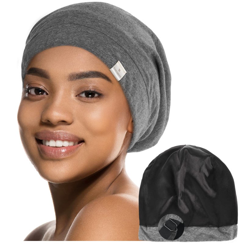 YANIBEST Silk Satin Bonnet Hair Wrap for Sleeping Adjustable Slouchy Beanie for Women Silk Lined for Curly Hair and Braids Dark Grey