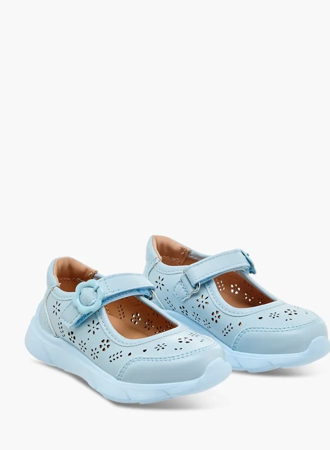 Barefeet Girls Laser Cut Detail Mary Jane Shoes with Hook and Loop Closure
